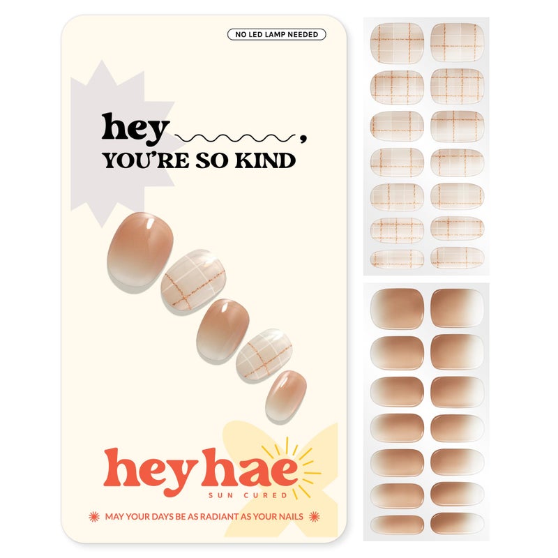 Heyhae Semi Cured Gel Nail Strips  No LED Lamp Needed  Ombre Beige Brown  Easy Apply  Remove Salon Quality  Includes 28 Strips 1 Prep Pads Nail File  Wooden Stick  Hey Youre So Kind
